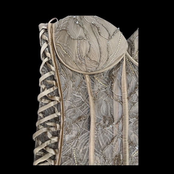 Retrofête Matilda‎ Strapless Lace Corset Mini Dress Tannin Size L - Picture 7 of 10